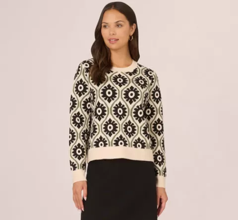 Adrianna Papell Floral Print Crew Neck Pullover Sweater In Cream Fatigue Black CREAM-FATIGUE-BLACK New