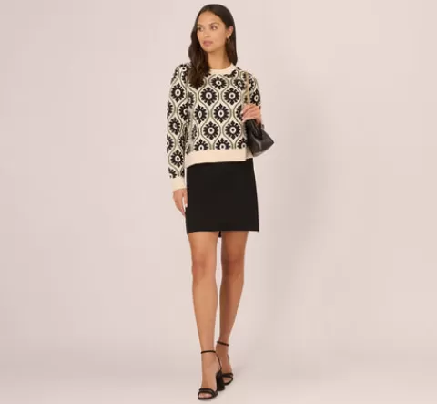 Adrianna Papell Floral Print Crew Neck Pullover Sweater In Cream Fatigue Black CREAM-FATIGUE-BLACK New