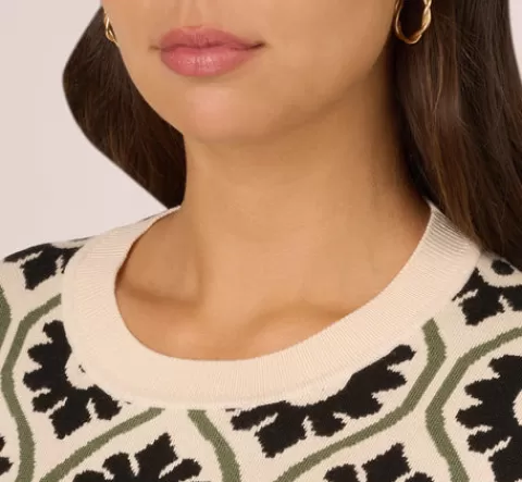Adrianna Papell Floral Print Crew Neck Pullover Sweater In Cream Fatigue Black CREAM-FATIGUE-BLACK New