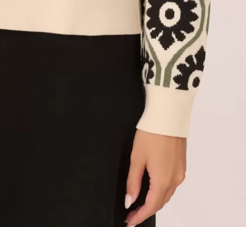 Adrianna Papell Floral Print Crew Neck Pullover Sweater In Cream Fatigue Black CREAM-FATIGUE-BLACK New