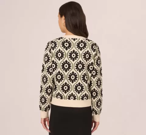 Adrianna Papell Floral Print Crew Neck Pullover Sweater In Cream Fatigue Black CREAM-FATIGUE-BLACK New