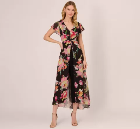 Adrianna Papell Floral Print Cropped Jumpsuit With Skirt Overlay In Black Multi BLACKMULTI Cheap