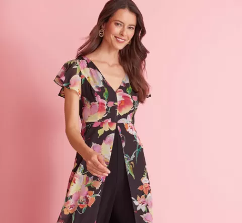 Adrianna Papell Floral Print Cropped Jumpsuit With Skirt Overlay In Black Multi BLACKMULTI Cheap