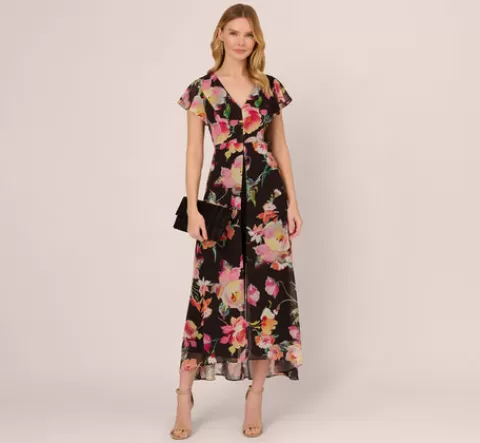 Adrianna Papell Floral Print Cropped Jumpsuit With Skirt Overlay In Black Multi BLACKMULTI Cheap