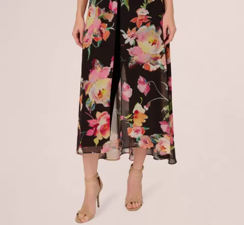 Adrianna Papell Floral Print Cropped Jumpsuit With Skirt Overlay In Black Multi BLACKMULTI Cheap