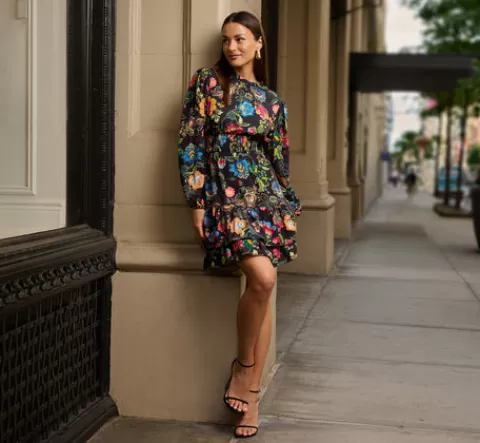 Adrianna Papell Floral Print Dress With Long Bishop Sleeves In Black Multi BLACKMULTI Online