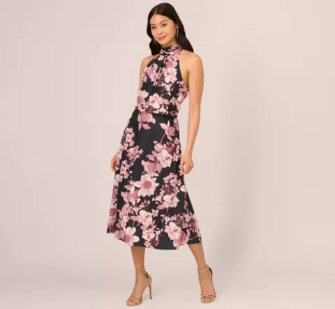 Adrianna Papell Floral Print Halter Midi Dress With Mock Neckline In Black Multi BLACKMULTI Flash Sale