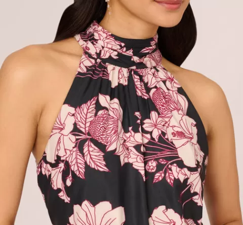 Adrianna Papell Floral Print Halter Midi Dress With Mock Neckline In Black Multi BLACKMULTI Flash Sale