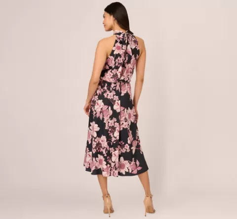 Adrianna Papell Floral Print Halter Midi Dress With Mock Neckline In Black Multi BLACKMULTI Flash Sale
