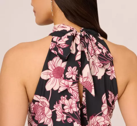 Adrianna Papell Floral Print Halter Midi Dress With Mock Neckline In Black Multi BLACKMULTI Flash Sale