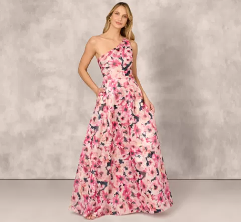 Adrianna Papell Floral Print Jacquard One Shoulder Ball Gown In Hot Pink Multi HOTPINKMULTI Online