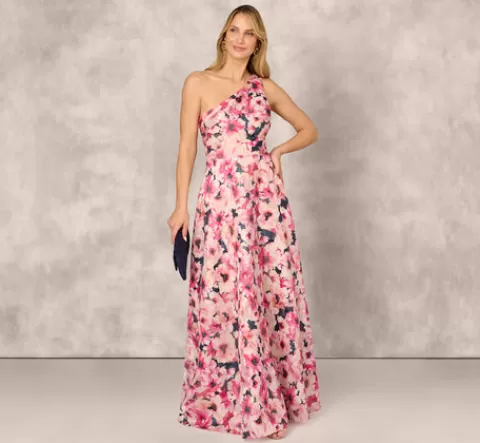 Adrianna Papell Floral Print Jacquard One Shoulder Ball Gown In Hot Pink Multi HOTPINKMULTI Online