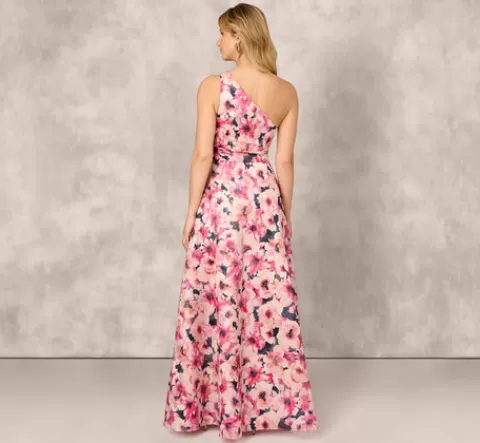 Adrianna Papell Floral Print Jacquard One Shoulder Ball Gown In Hot Pink Multi HOTPINKMULTI Online