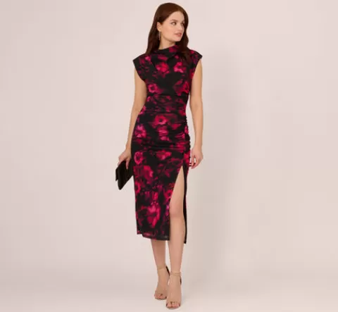 Adrianna Papell Floral Print Jersey Ankle Length Dress With Draped Details In Black Pink Multi BLACK-PINKMULTI Shop