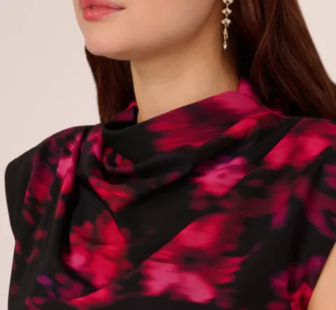 Adrianna Papell Floral Print Jersey Ankle Length Dress With Draped Details In Black Pink Multi BLACK-PINKMULTI Shop