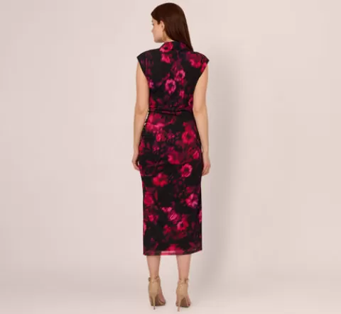 Adrianna Papell Floral Print Jersey Ankle Length Dress With Draped Details In Black Pink Multi BLACK-PINKMULTI Shop