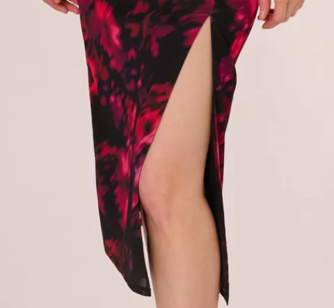 Adrianna Papell Floral Print Jersey Ankle Length Dress With Draped Details In Black Pink Multi BLACK-PINKMULTI Shop