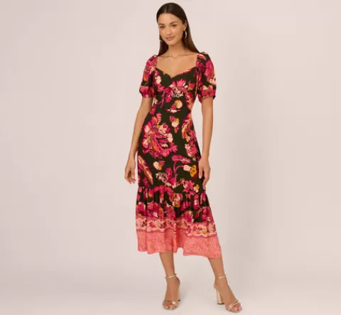 Adrianna Papell Floral Print Maxi Dress With Puff Sleeves In Hunter Multi HUNTERMULTI Discount