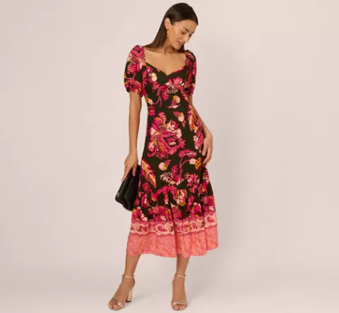 Adrianna Papell Floral Print Maxi Dress With Puff Sleeves In Hunter Multi HUNTERMULTI Discount