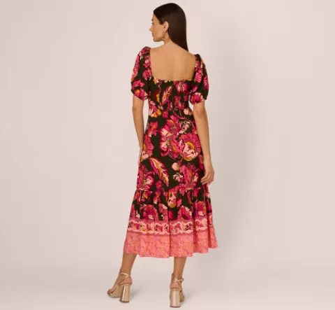 Adrianna Papell Floral Print Maxi Dress With Puff Sleeves In Hunter Multi HUNTERMULTI Discount