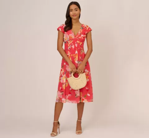 Adrianna Papell Floral Print Midi Dress With Twist Neckline In Coral Multi CORALMULTI Flash Sale