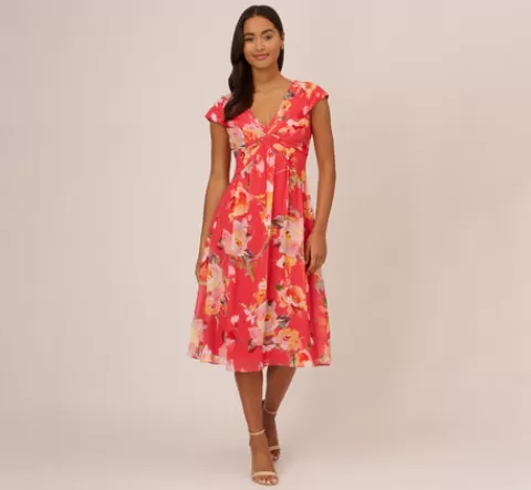 Adrianna Papell Floral Print Midi Dress With Twist Neckline In Coral Multi CORALMULTI Flash Sale