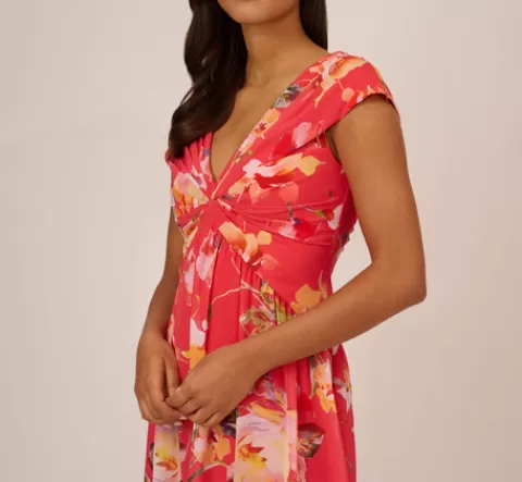 Adrianna Papell Floral Print Midi Dress With Twist Neckline In Coral Multi CORALMULTI Flash Sale