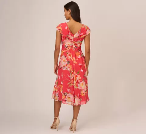 Adrianna Papell Floral Print Midi Dress With Twist Neckline In Coral Multi CORALMULTI Flash Sale