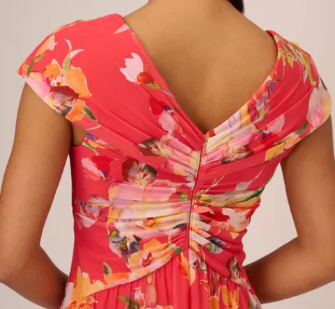 Adrianna Papell Floral Print Midi Dress With Twist Neckline In Coral Multi CORALMULTI Flash Sale