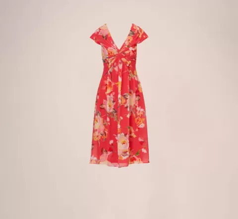 Adrianna Papell Floral Print Midi Dress With Twist Neckline In Coral Multi CORALMULTI Flash Sale