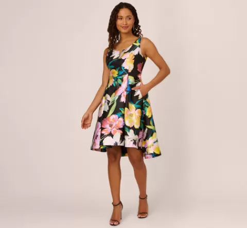 Adrianna Papell Floral Print Mikado Sleeveless Dress With High Low Skirt In Black Multi BLACKMULTI New