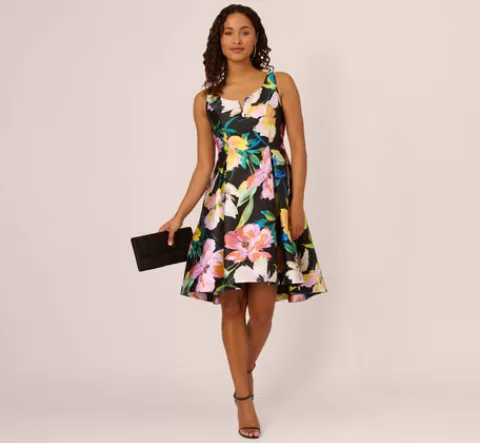 Adrianna Papell Floral Print Mikado Sleeveless Dress With High Low Skirt In Black Multi BLACKMULTI New