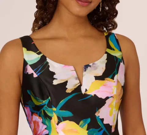 Adrianna Papell Floral Print Mikado Sleeveless Dress With High Low Skirt In Black Multi BLACKMULTI New