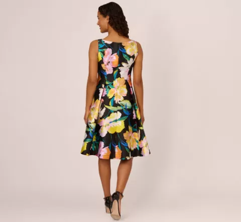 Adrianna Papell Floral Print Mikado Sleeveless Dress With High Low Skirt In Black Multi BLACKMULTI New