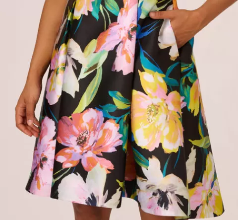 Adrianna Papell Floral Print Mikado Sleeveless Dress With High Low Skirt In Black Multi BLACKMULTI New