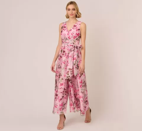 Adrianna Papell Floral Print Organza Sleeveless Jumpsuit With Self Tie Waist In Pink Multi PINKMULTI Discount