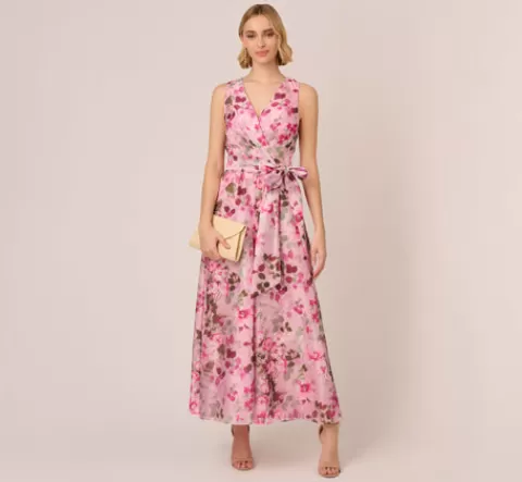 Adrianna Papell Floral Print Organza Sleeveless Jumpsuit With Self Tie Waist In Pink Multi PINKMULTI Discount