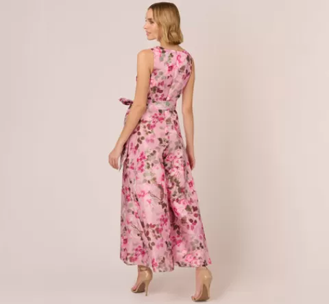 Adrianna Papell Floral Print Organza Sleeveless Jumpsuit With Self Tie Waist In Pink Multi PINKMULTI Discount