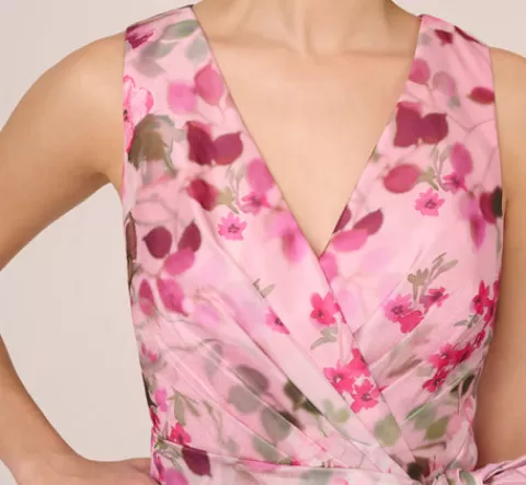 Adrianna Papell Floral Print Organza Sleeveless Jumpsuit With Self Tie Waist In Pink Multi PINKMULTI Discount