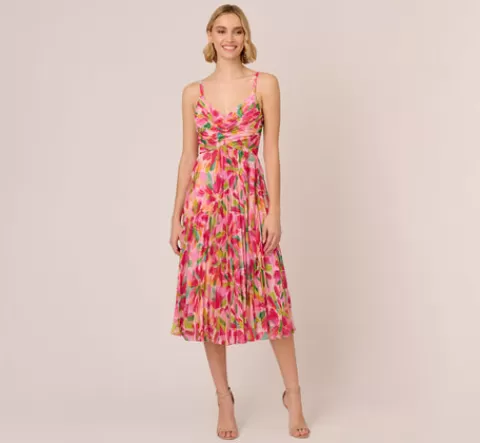 Adrianna Papell Floral Print Pleated Chiffon Midi Dress In Pink Green Multi PINK-GREENMULTI Cheap