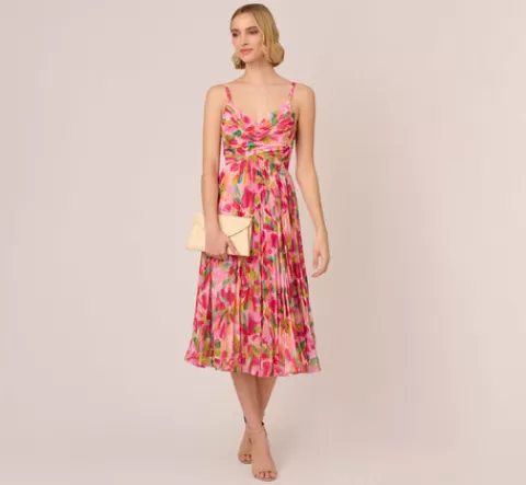 Adrianna Papell Floral Print Pleated Chiffon Midi Dress In Pink Green Multi PINK-GREENMULTI Cheap