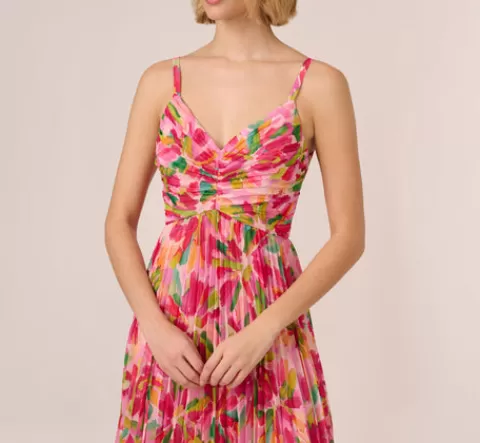 Adrianna Papell Floral Print Pleated Chiffon Midi Dress In Pink Green Multi PINK-GREENMULTI Cheap