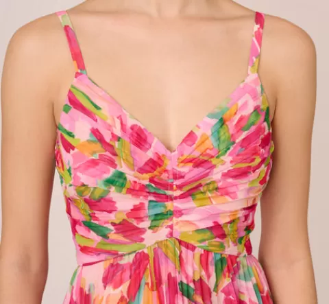 Adrianna Papell Floral Print Pleated Chiffon Midi Dress In Pink Green Multi PINK-GREENMULTI Cheap