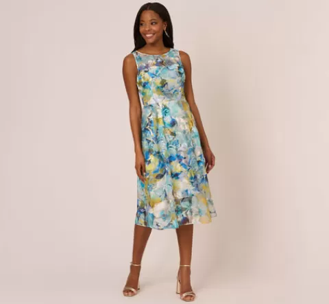 Adrianna Papell Floral Print Sleeveless Midi Dress With Sheer Neckline In Blue Ivory Multi BLUE-IVORYMULTI Cheap