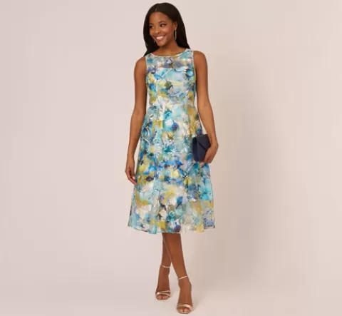 Adrianna Papell Floral Print Sleeveless Midi Dress With Sheer Neckline In Blue Ivory Multi BLUE-IVORYMULTI Cheap