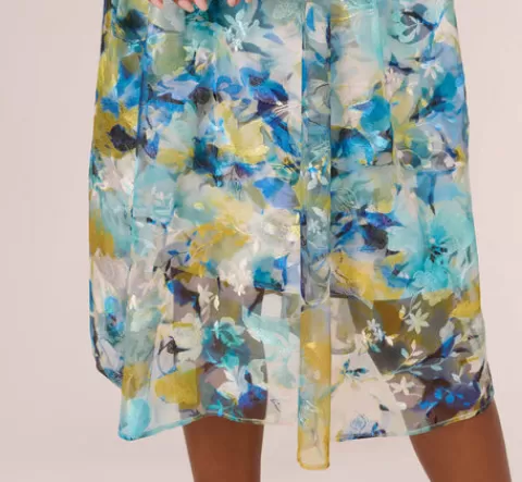 Adrianna Papell Floral Print Sleeveless Midi Dress With Sheer Neckline In Blue Ivory Multi BLUE-IVORYMULTI Cheap