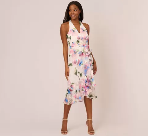 Adrianna Papell Floral Printed Chiffon Halter Dress With Self Tie Waist In Ivory Pink Multi IVORYPINKMULTI Fashion