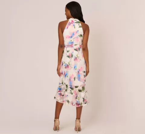 Adrianna Papell Floral Printed Chiffon Halter Dress With Self Tie Waist In Ivory Pink Multi IVORYPINKMULTI Fashion