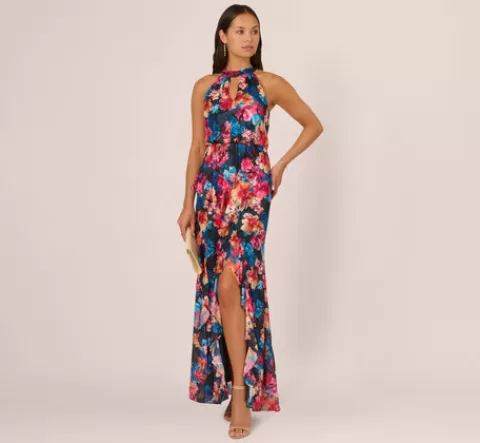 Adrianna Papell Floral Printed Halter Mermaid Gown With Ruffle Details In Navy Multi NAVYMULTI Sale