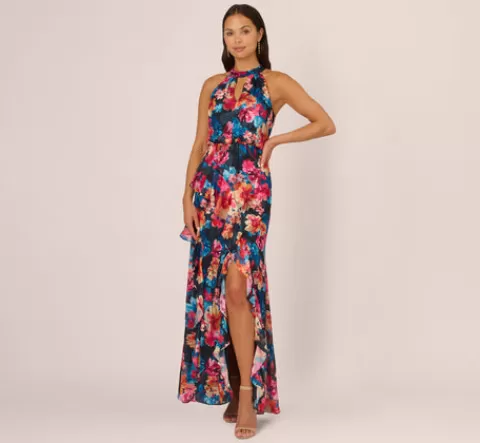 Adrianna Papell Floral Printed Halter Mermaid Gown With Ruffle Details In Navy Multi NAVYMULTI Sale